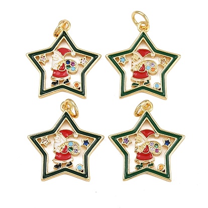Рождественские тематические латунные подвески с микропаве и фианитами, с эмалью и кольцом для прыжков, долговечный, звезда с дедом морозом