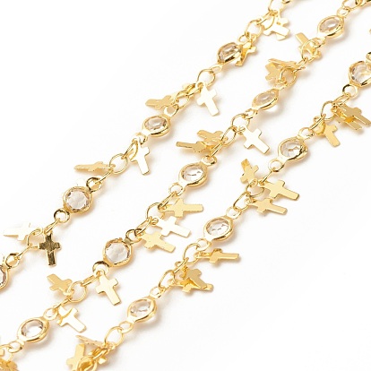 Clear Cubic Zirconia Flat Round Link Chains, with Brass Cross Charms, Long-Lasting Plated, Soldered, with Spool