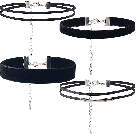 4шт. 4 стили чокеров из бархата и искусственной кожи, с латунными и 304 цепочками из нержавеющей стали., цвет нержавеющей стали