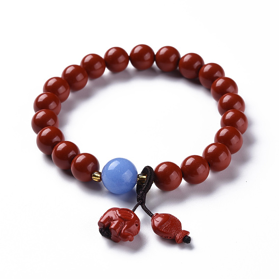 Elephant and Fish Cinnabar Mala Bead Bracelets, with Natural Blue Quartz Beads, Buddhist Jewelry, Stretch Bracelets