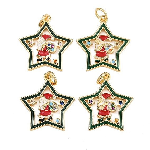 Рождественские тематические латунные подвески с микропаве и фианитами, с эмалью и кольцом для прыжков, долговечный, звезда с дедом морозом