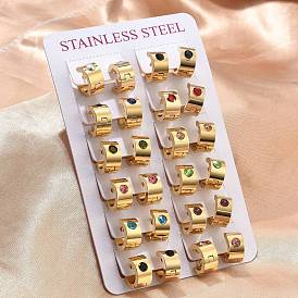 201 Широкие серьги-кольца из нержавеющей стали, с 304 штифтом из нержавеющей стали и стразами, вакуумное покрытие pvd, долговечный, Кольцевая форма