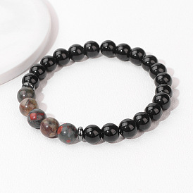 Natural Stone African Blood Bead Men's Elastic Bracelet - Stylish Black Gemstone Handmade Business Wristband