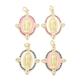 Brass Micro Pave Cubic Zirconia Pendants, with Enamel, Long-Lasting Plated, Real 18K Gold Plated, Oval with Saint