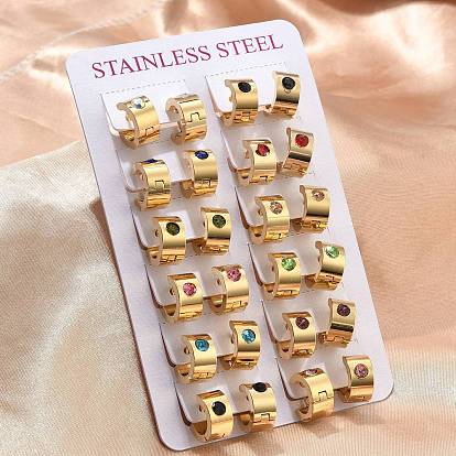 201 Широкие серьги-кольца из нержавеющей стали, с 304 штифтом из нержавеющей стали и стразами, вакуумное покрытие pvd, долговечный, Кольцевая форма