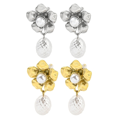 304 Boucles d'oreilles fleur en acier inoxydable, avec perles en plastique imitation abs