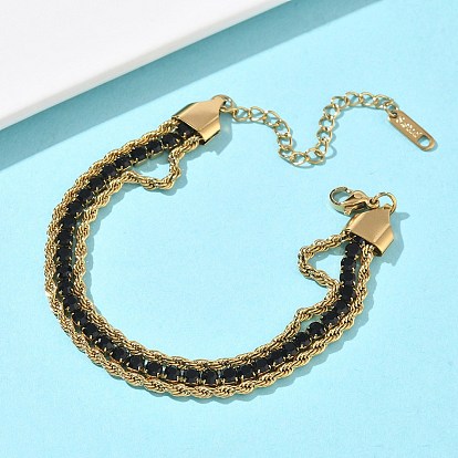 304 Двухслойный браслет из нержавеющей стали с цепочкой из страз для женщин, плоско-круглые, ионное покрытие (ip), долговечный