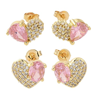 Серьги-гвоздики из латуни с паве из кубического циркония, сердце, слева и справа