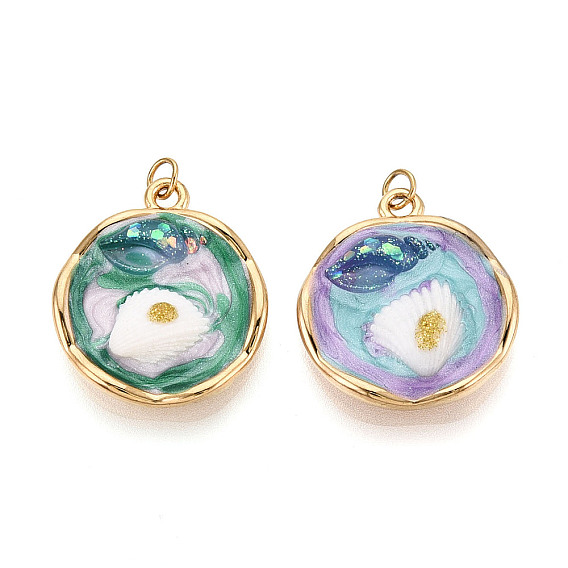 304 подвески из нержавеющей стали и эмалевой смолы с блестками в виде фарфоровой пудры, плоские круглые с цветком, с целью перехода в кольце, ионное покрытие (ip), реальный 18 k позолоченный