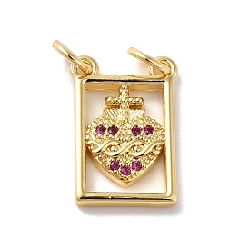 Rack Plating Brass Micro Pave Cubic Zirconia Pendants, Cadmium Free & Lead Free, Long-Lasting Plated, Real 18K Gold Plated, Rectangle with Heart
