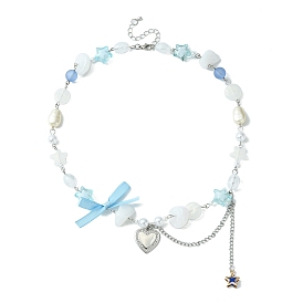 Collar con colgante de corazón de aleación y lazo, collar de cuentas de plástico con perlas, pepitas y estrellas en forma de corazón
