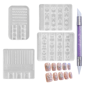 4Pcs 4 Styles Silicone Molds, Carved Mold, with 1Pc Plastic Nail Art Brush Pen