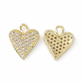 Brass Micro Pave Cubic Zirconia Pendants, Real 18K Gold Plated, with Glass Rhinestone, Heart Charm
