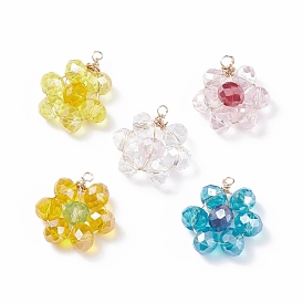 Electroplate Glass Beaded Pendants, with Copper Wire, Flower