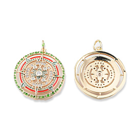 Brass Pave Colorful Cubic Zirconia Pendants, with Jump Rings and Enamel, Cadmium Free & Nickel Free & Lead Free, Flat Round with Sun