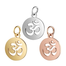 Chakra Theme Stainless Steel Pendants, with Jump Ring, Flat Round with Ohm/Aum