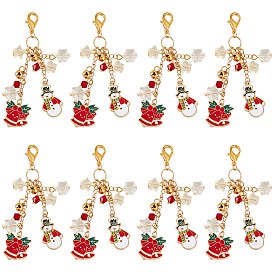 8 Pcs muñeco de nieve navideño y campana navideña aleación esmalte marcadores colgante decoración, Con dijes de acrílico y cierres de aleación tipo pinza de langosta.