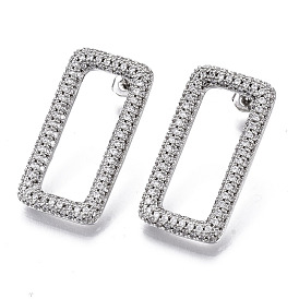 Brass Micro Pave Clear Cubic Zirconia Stud Earrings, with Ear Nuts, Rectangle, Nickel Free
