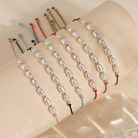 Искусственный жемчуг овальные бусины плетеные браслеты из бисера для женщин, с полиэстеровым шнуром и бусинами из бобов