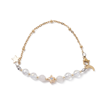 6mm Round Natural Selenite & Glass Crackle Bead Link Bracelets, Moon Star 304 Stainless Steel Satellite Chains Bracelets for Women