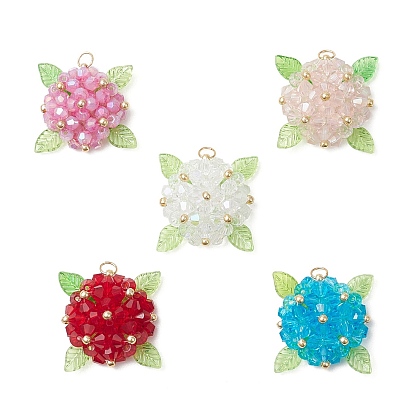 Стеклянные подвески, гортензия, с акриловыми подвесками в виде листьев и 304 соединительными кольцами из нержавеющей стали