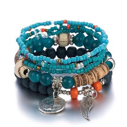 Bodhi & Glass Seed Beads Stretch Bracelets Sets, Bohemia Style Wing & Tower Alloy Charms Bracelets for Women
