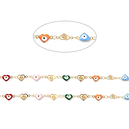 Ion Plating(IP) Stainless Steel Heart Link Chains with Colorful Enamel Evil Eye, Soldered, with Spool