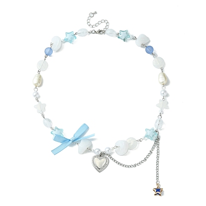Collar con colgante de corazón de aleación y lazo, collar de cuentas de plástico con perlas, pepitas y estrellas en forma de corazón