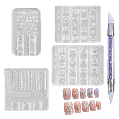 4Pcs 4 Styles Silicone Molds, Carved Mold, with 1Pc Plastic Nail Art Brush Pen