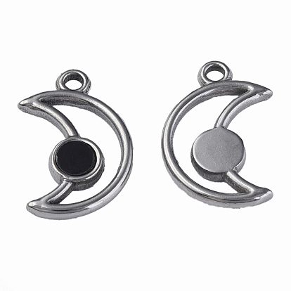 304 Stainless Steel Pendants, with Dyed Black Shell, Moon
