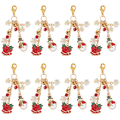 8 Pcs muñeco de nieve navideño y campana navideña aleación esmalte marcadores colgante decoración, Con dijes de acrílico y cierres de aleación tipo pinza de langosta.