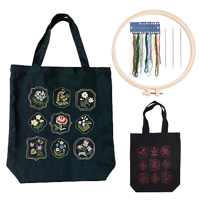 DIY Canvas Tote Bag Flower Pattern Embroidery Making Kit, with Fabric Bag, Steel Needles, Plastic Hoop & Polyester-cotton Thread