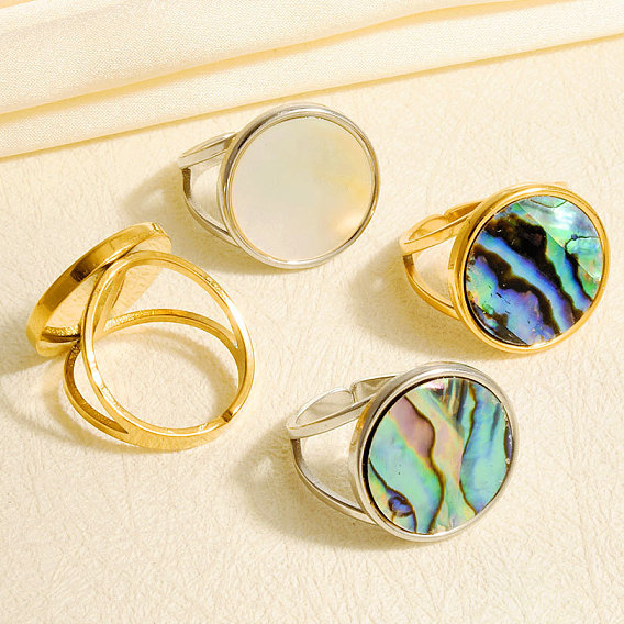 304 Открытые кольца-манжеты из нержавеющей стали с натуральными ракушками для женщин, круглые