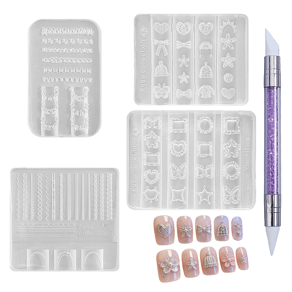 4Pcs 4 Styles Silicone Molds, Carved Mold, with 1Pc Plastic Nail Art Brush Pen