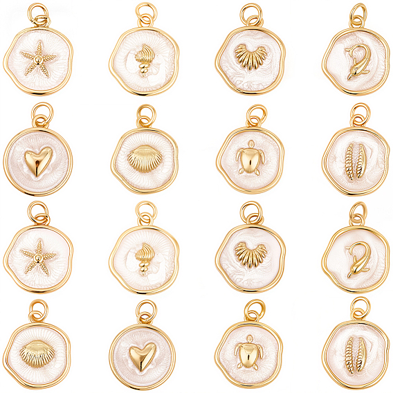 16 шт. 8 стили подвески из латуни с эмалью на морскую тематику, с целью перехода в кольце, реальный 18 k позолоченный, плоский круглый шарм
