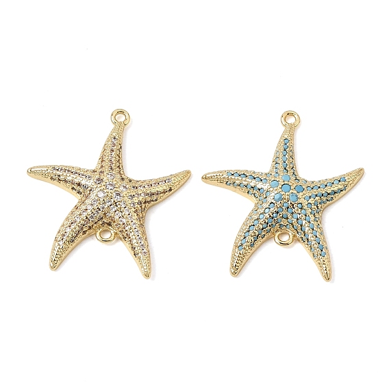 Brass Micro Pave Cubic Zirconia Connector Charms, Starfish Links, Rack Plating, Long-Lasting Plated, Cadmium Free & Lead Free, Real 18K Gold  Plated