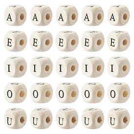 250шт 5 стили напечатаны натуральные деревянные бусины схима, горизонтальное отверстие, куб с начальной буквой а, ты, я, о, ты, без свинца