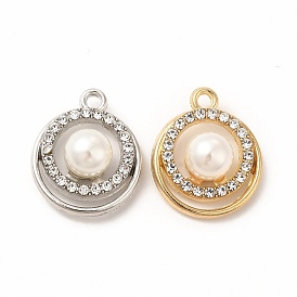 Alloy Rhinestone Pendants, with ABS Plastic Pearl Beaded, Flat Round Charms