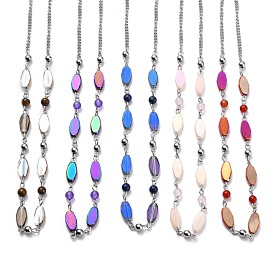 304 Stainless Steel Beaded Necklaces, with Curb Chains, Oval Faceted Glass Beads and Natural Gemstone Round Beads, Stainless Steel Color