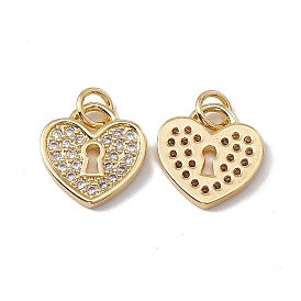 Brass Micro Pave Clear Cubic Zirconia Pendants, with Jump Ring, Cadmium Free & Nickel Free & Lead Free, Rack Plating, Heart Lock