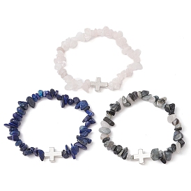 3шт 3 стиль набор эластичных браслетов из натуральных смешанных драгоценных камней с бисером, штабелируемые браслеты из сплава