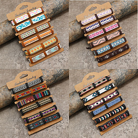 6 шт. 6 цвета, набор браслетов из искусственной кожи и хлопкового плетеного шнура, регулируемые браслеты для женщин в этническом стиле