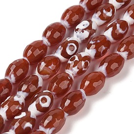 Natural Tibetan dZi Agate Beads Strands, Natural Agate, Deyd & Heated, Faceted, Oval