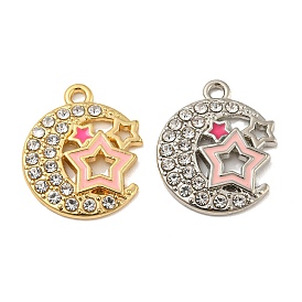Alloy Enamel Pendants, with Rhinestone, Long-Lasting Plated, Moon with Star Charm