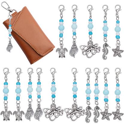 30Pcs 6 Styles Ocean Theme Alloy Charm & Glass Beads Pendant Decorations, with Lobster Claw Clasps