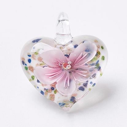 Handmade Lampwork Pendants, Inner Flower, Heart