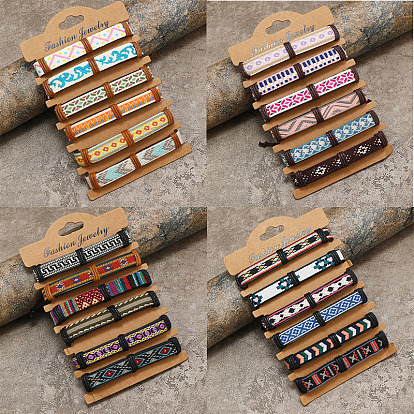 6Pcs 6 Colors PU Leather & Cotton Braided Cord Bracelets Set, Ethnic Tribal Adjustable Bracelets for Women