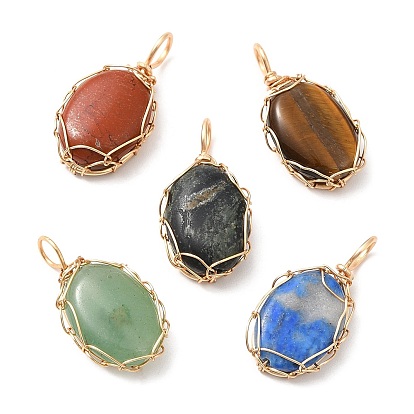 Natural Mixed Gemstone Copper Wire Wrapped Pendents, Oval Charms, Golden