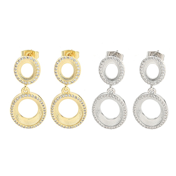 Овальные серьги-пусеты с подвесками из латуни и прозрачного фианита