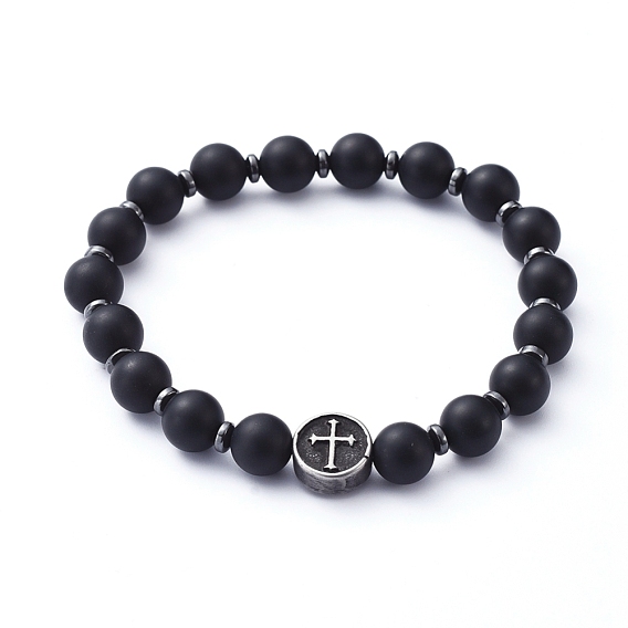 Natural Black Agate(Dyed) Beads Stretch Bracelets, with Non-Magnetic Synthetic Hematite Beads and Flat Round with Cross 304 Stainless Steel Beads